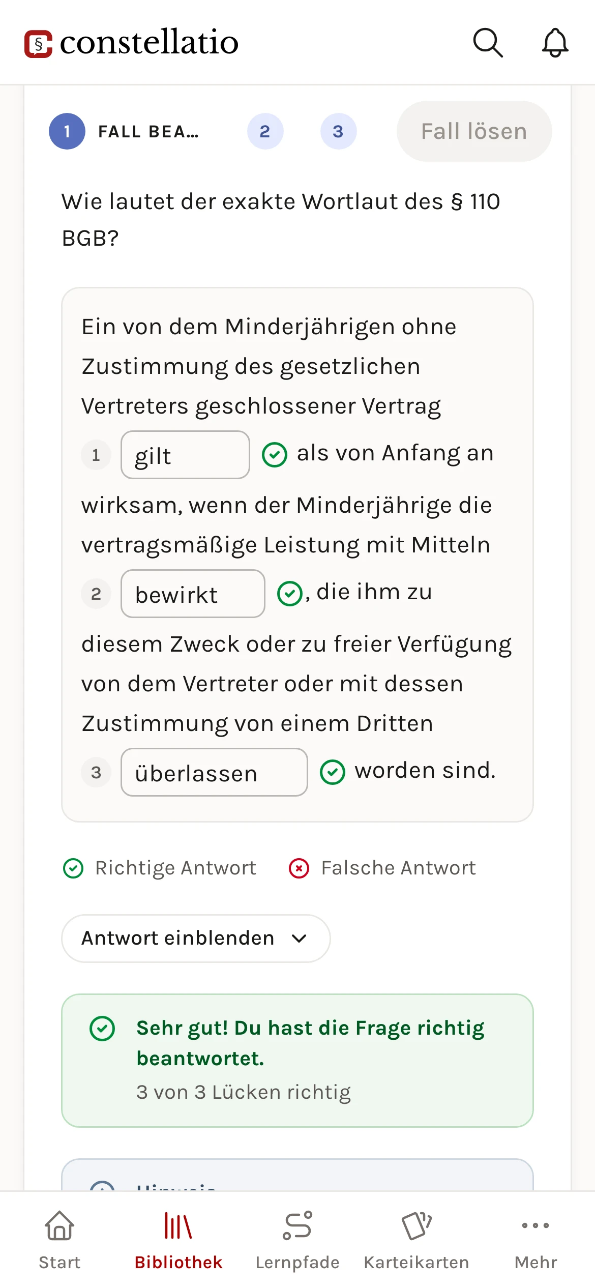 Ein geführter Fall auf dem Handy: richtig gelöster Lückentext zu § 110 BGB mit der Rückmeldung „Sehr gut!“