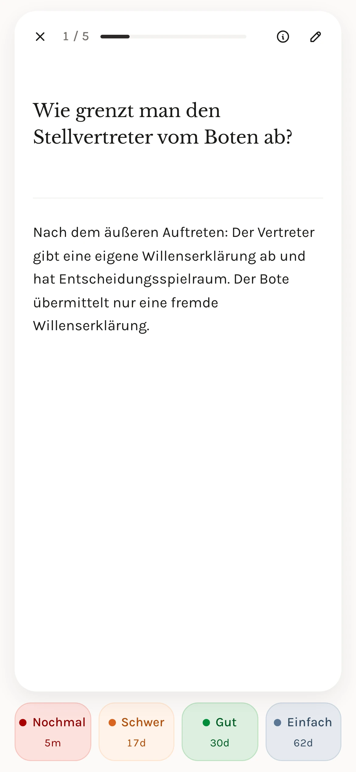 Eine Karteikarte auf dem Handy: Antwort zur Abgrenzung von Stellvertreter und Bote mit den Bewertungen Nochmal bis Einfach