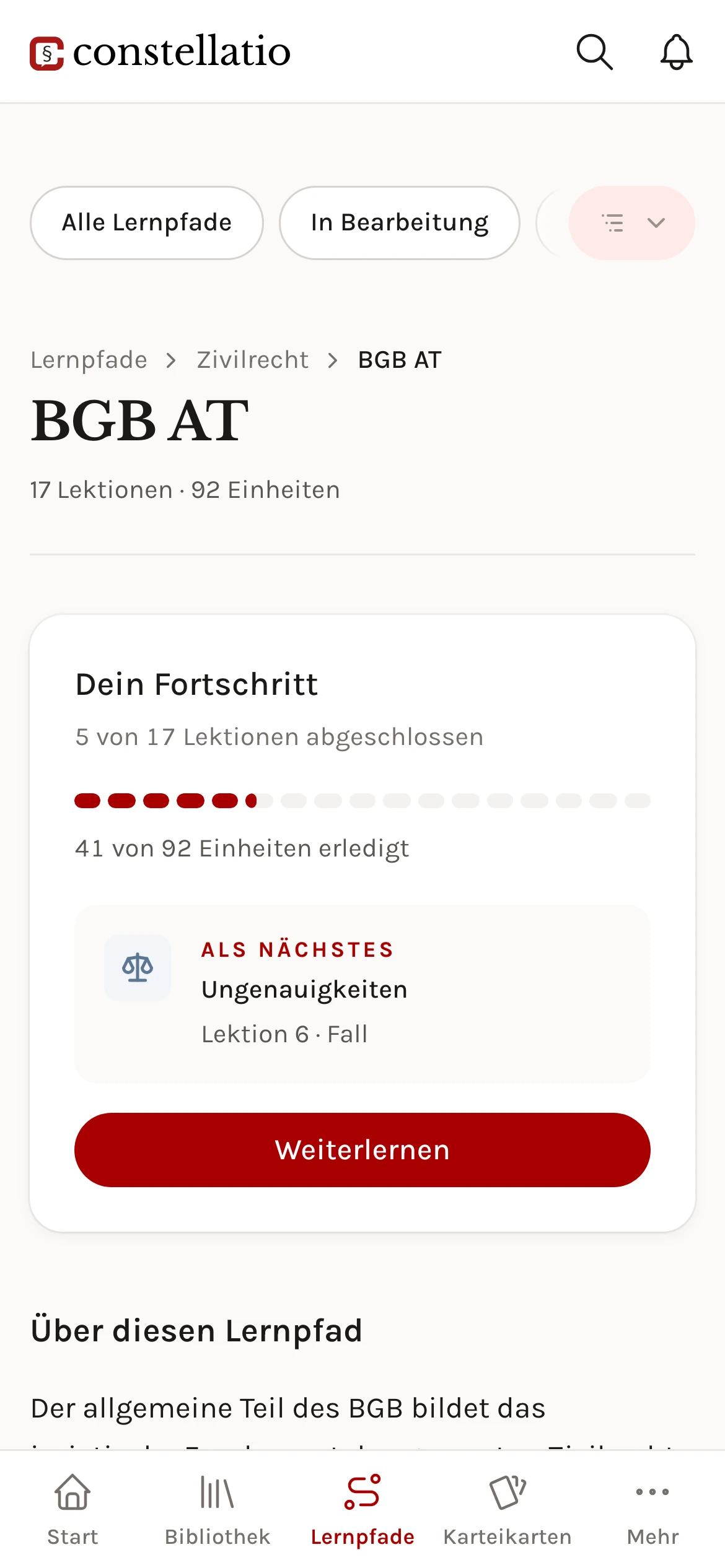 Der Lernpfad BGB AT auf dem Handy: Fortschritt mit 5 von 17 Lektionen, die nächste Lektion und Weiterlernen